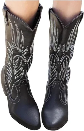 Boots for Women Cowgirl Boots Wide Calf Round Toe Vintage Embroidered Pull On Cowgirl Boots Shoes