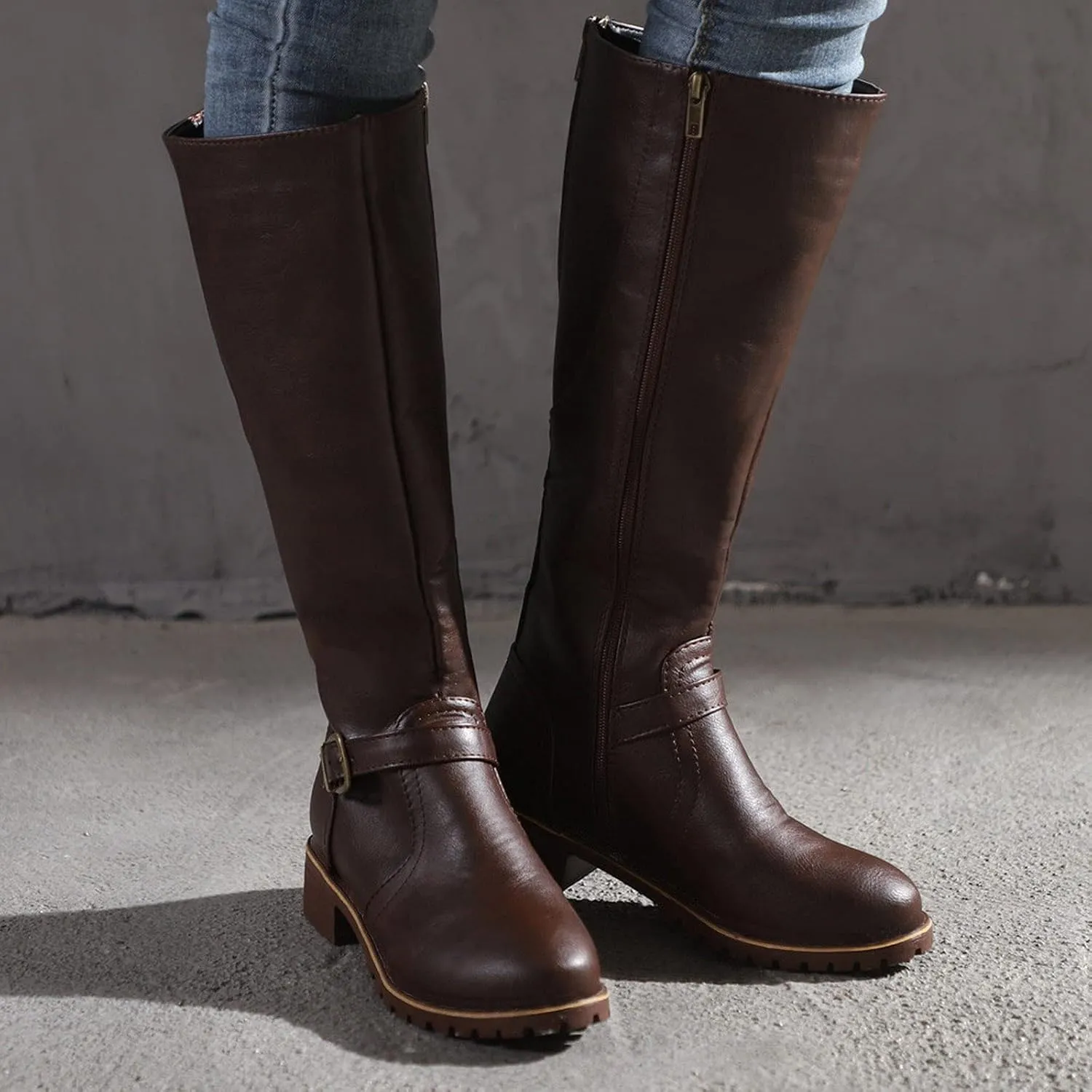 Boots for Women Knee High Combat Style Closed Toe Motorcycle Boots Classic Zipper Buckle Low Heel Shoes Retro Shoes 52