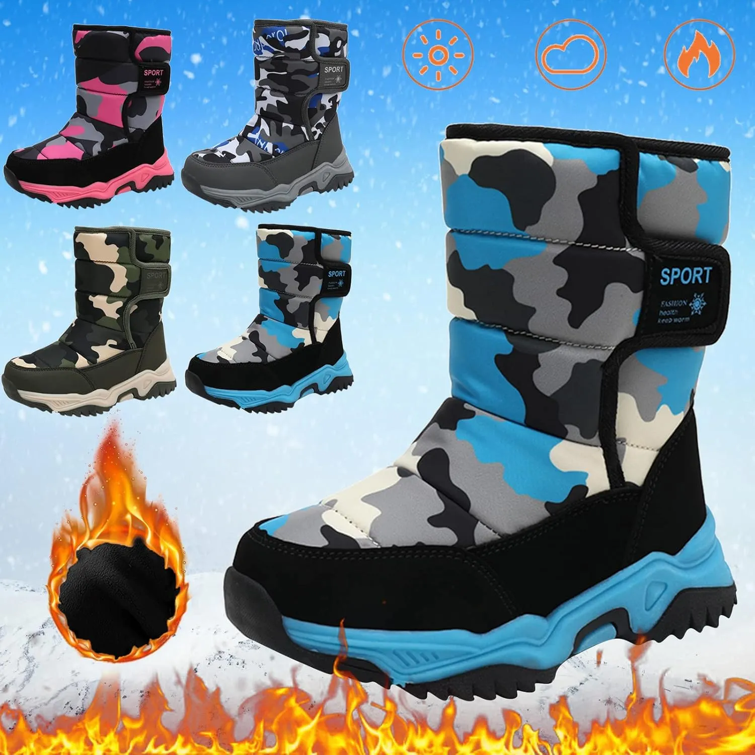 Boys' ?aterproof Winter Snow Boots with Insulation for Cold Weather Girls Camouflage Outdoor Cotton Rain Boots