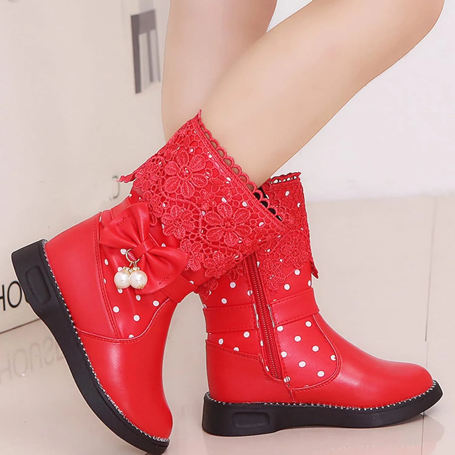 Boys Girls aterproof Lace Up Glitter Mid Calf ombat Tall Boots with Side Zipper for Toddler/Little Kid/Big
