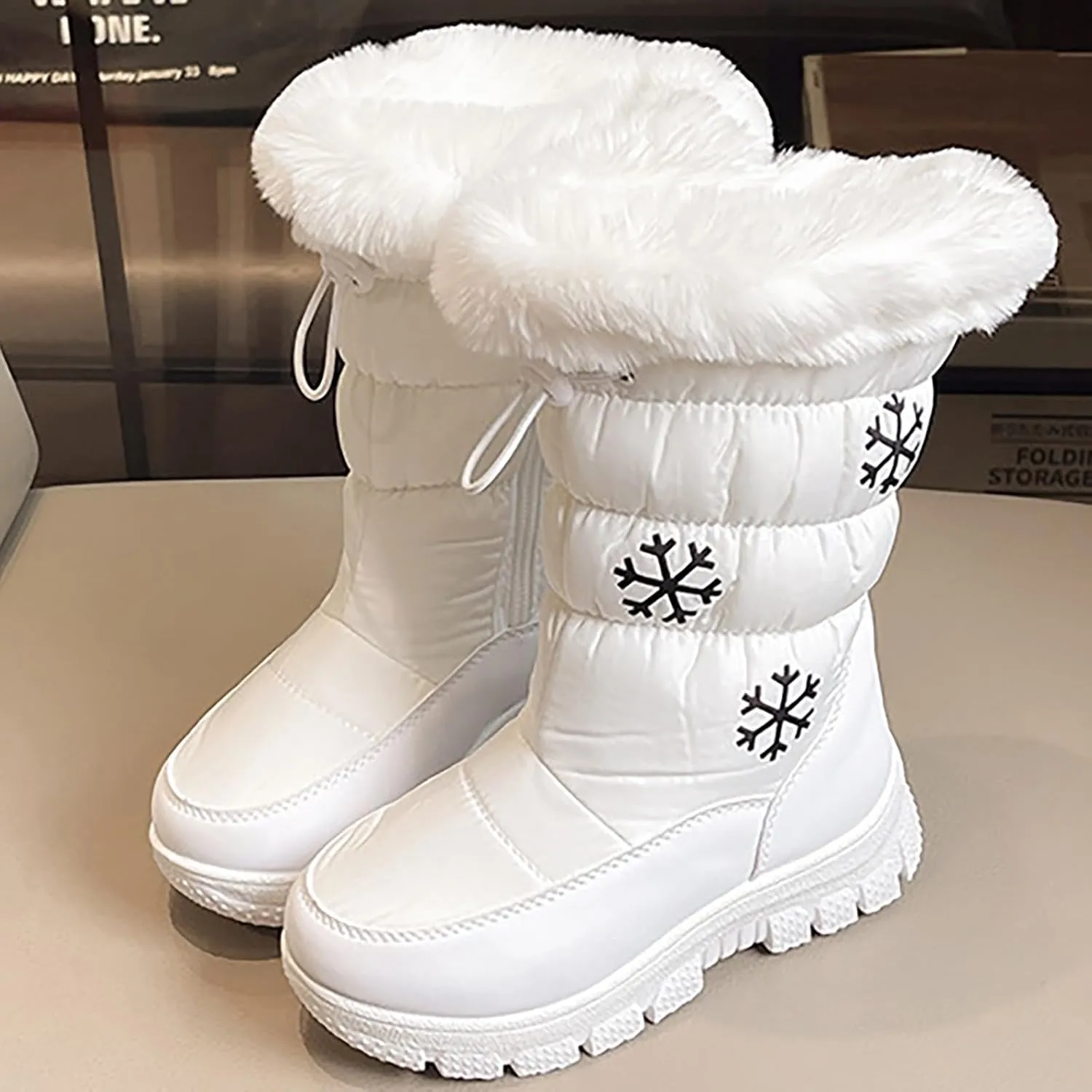 Boys Girls Snow Boots Outdoor Warm Cozy Anti-Slip Mid Calf Faux Fr ining Insulated Shoes Toddler Girls Wedge Boots