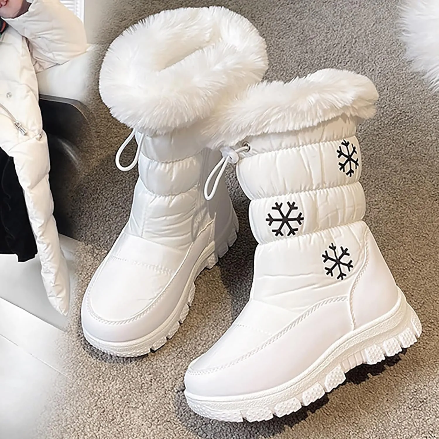 Boys Girls Snow Boots Outdoor Warm Cozy Anti-Slip Mid Calf Faux Fr ining Insulated Shoes Toddler Girls Wedge Boots