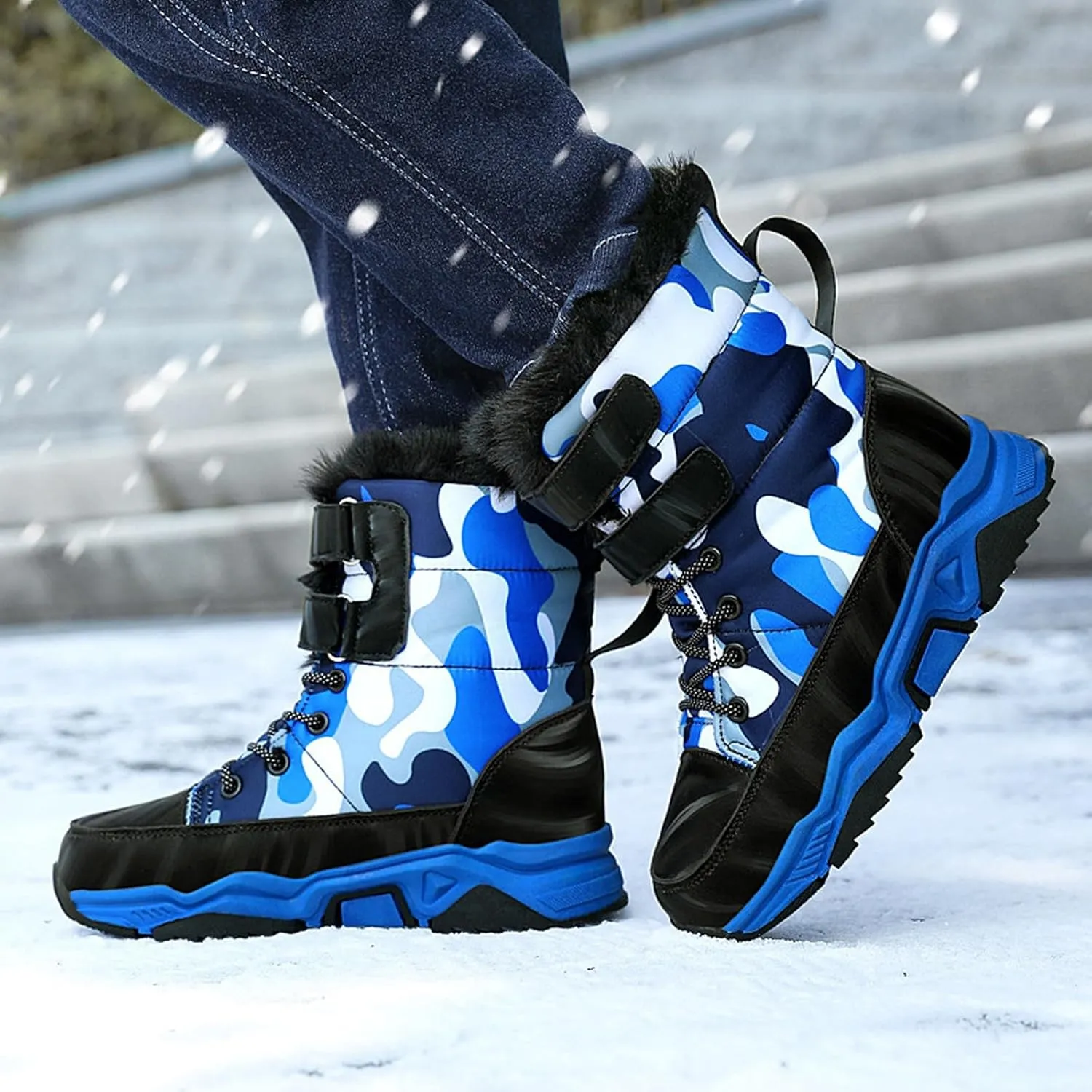 Boys Girls Snow Boots Wterproof Warm Anti-Slip Mid Calf Faux Fur Lined Insulated Winter Shoes for Little/Big Kids