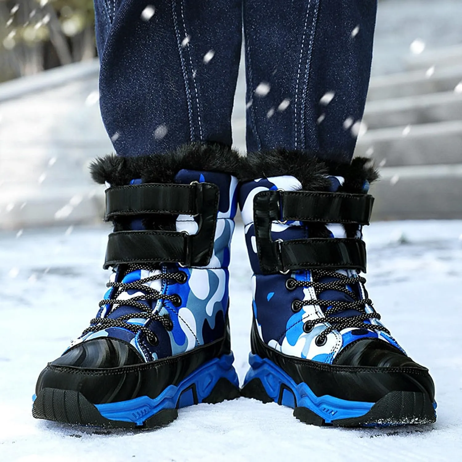 Boys Girls Snow Boots Wterproof Warm Anti-Slip Mid Calf Faux Fur Lined Insulated Winter Shoes for Little/Big Kids