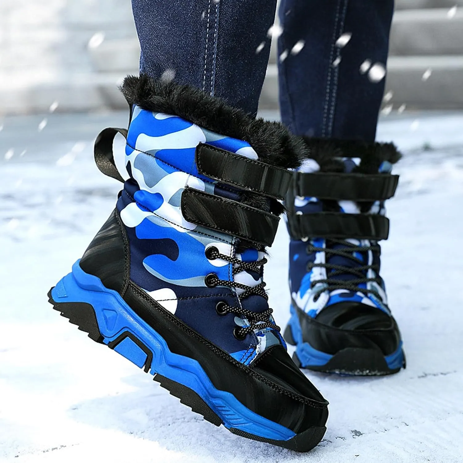 Boys Girls Snow Boots Wterproof Warm Anti-Slip Mid Calf Faux Fur Lined Insulated Winter Shoes for Little/Big Kids
