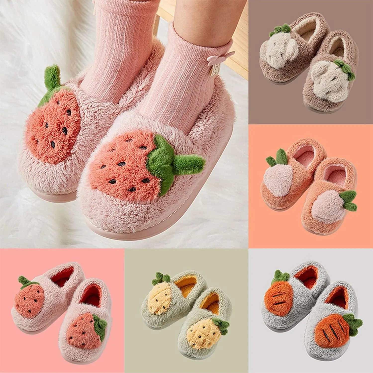 Boys Girls Strawberry Slippers Toddler Plush Warm Cotton Slippers Non-Slip Indoor Comfy Bedroom Winter Shoes