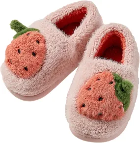 Boys Girls Strawberry Slippers Toddler Plush Warm Cotton Slippers Non-Slip Indoor Comfy Bedroom Winter Shoes