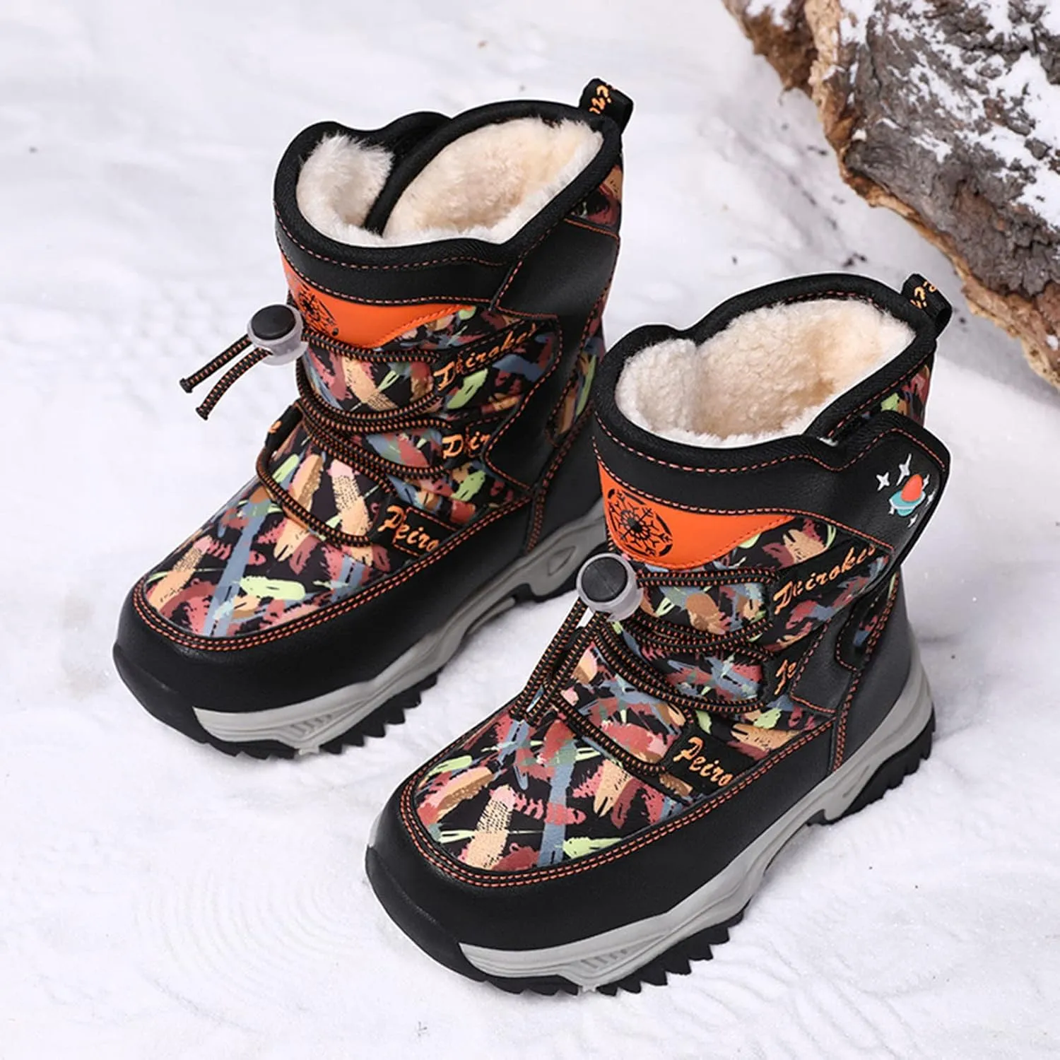 Boys Snow Boots Winter Wterproof Slip Resistan Cold Weather Shoes Camouflage Non Slip Snow Boots for Toddler Kids