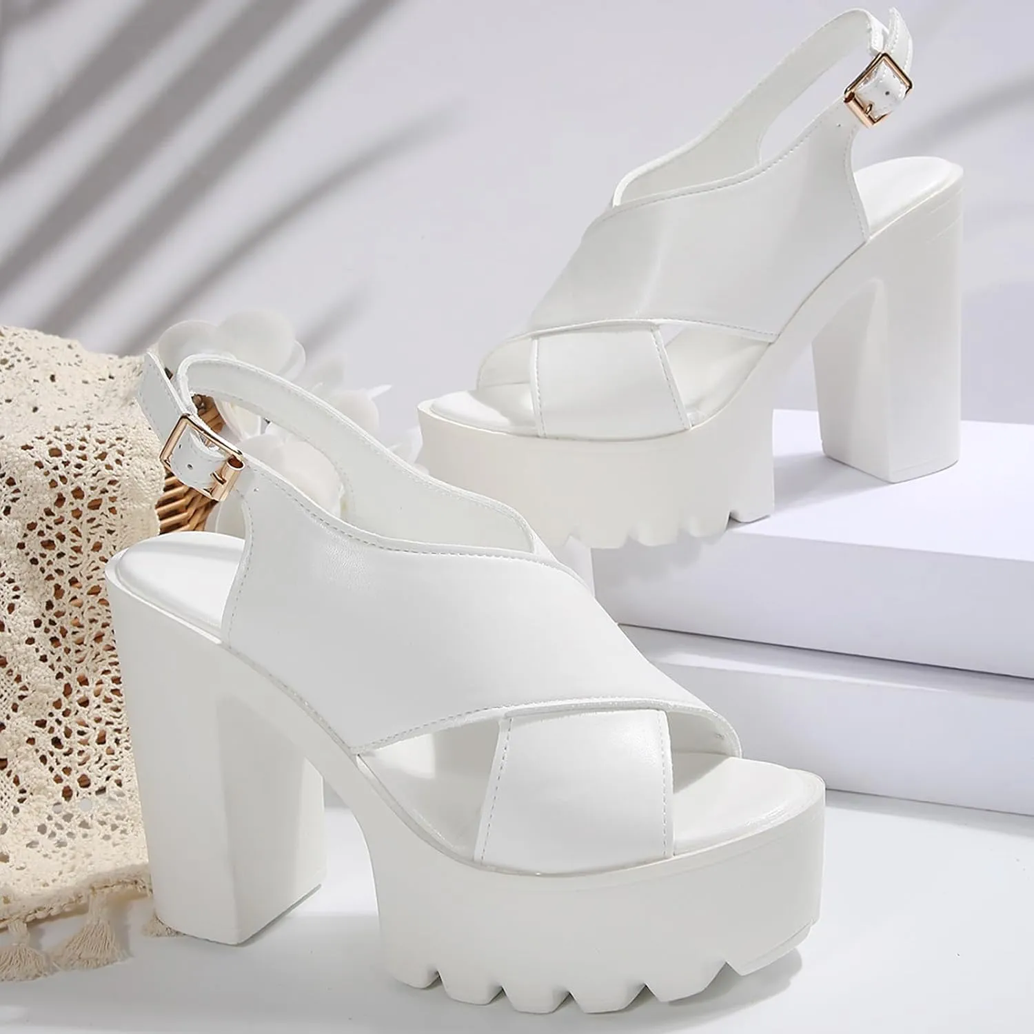 Casual Dress Shoes Casual Fashion All Solid Color Thick Heel Thick Sole One Line Strap Women's High Heel Sandals