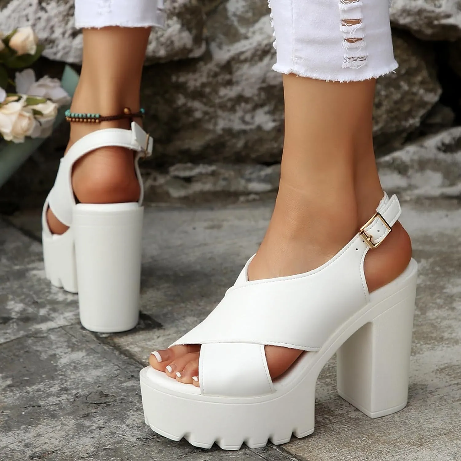 Casual Dress Shoes Casual Fashion All Solid Color Thick Heel Thick Sole One Line Strap Women's High Heel Sandals