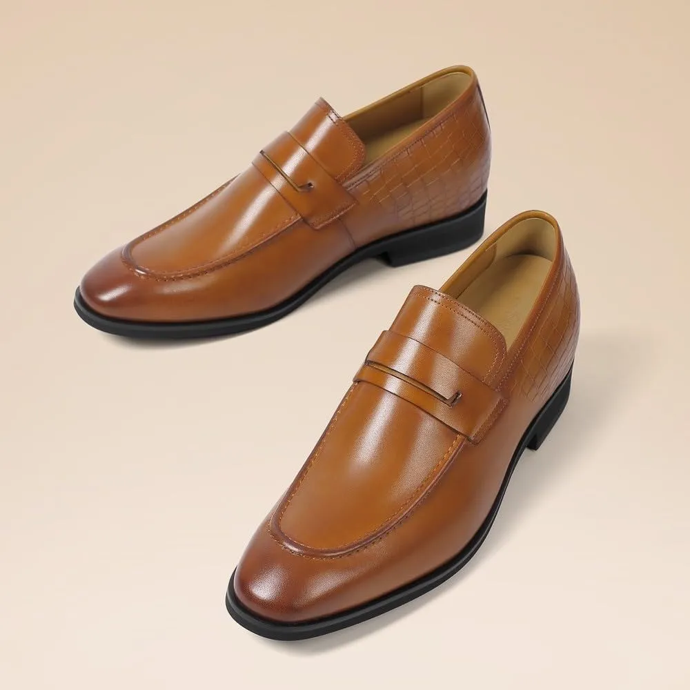CHAMARIPA Men's Brown Cowhide Leather Height Increase Dress Loafers & Slip-Ons - Elevate Your Style with 7CM / 2.76 Inches Boost