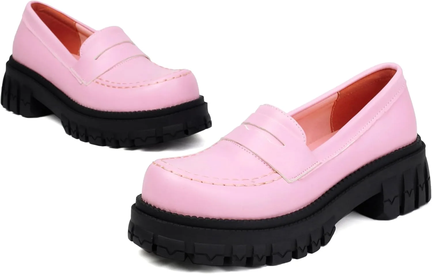 Chunky Platform Loafers for Women Comfort Slip On Lace Up Patent Round Toe Casual Dress Shoes