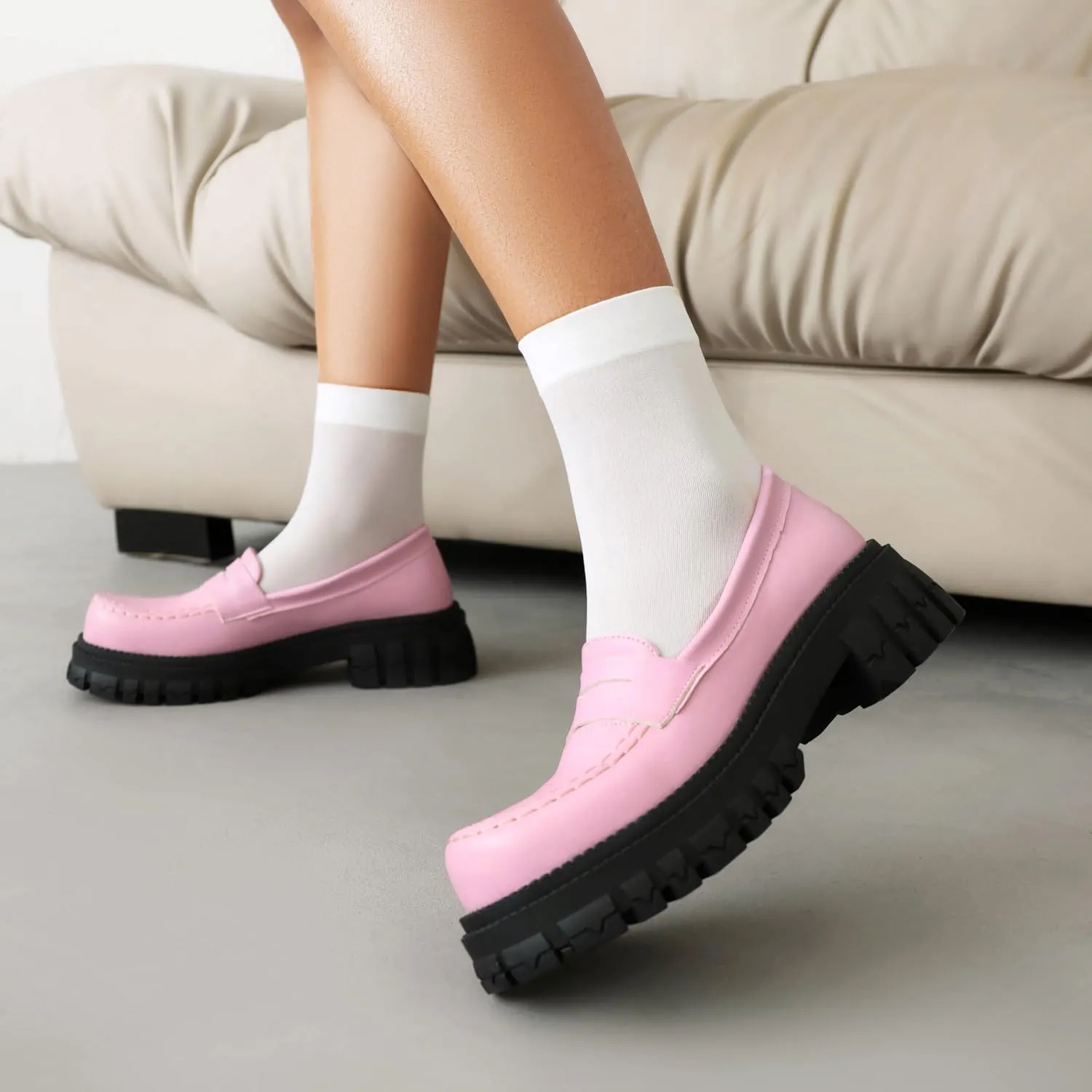 Chunky Platform Loafers for Women Comfort Slip On Lace Up Patent Round Toe Casual Dress Shoes