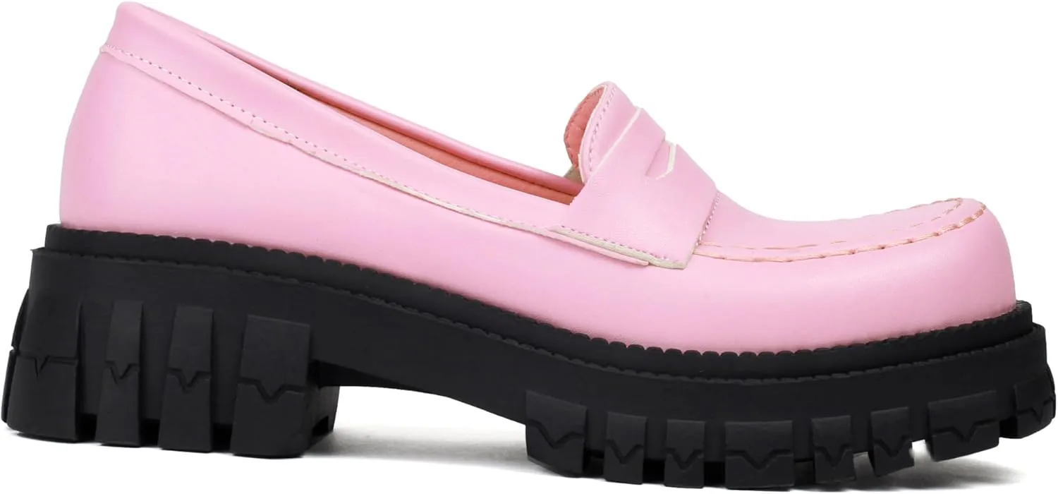 Chunky Platform Loafers for Women Comfort Slip On Lace Up Patent Round Toe Casual Dress Shoes