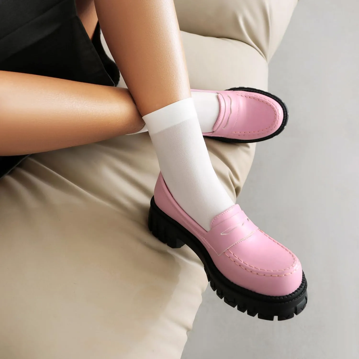 Chunky Platform Loafers for Women Comfort Slip On Lace Up Patent Round Toe Casual Dress Shoes