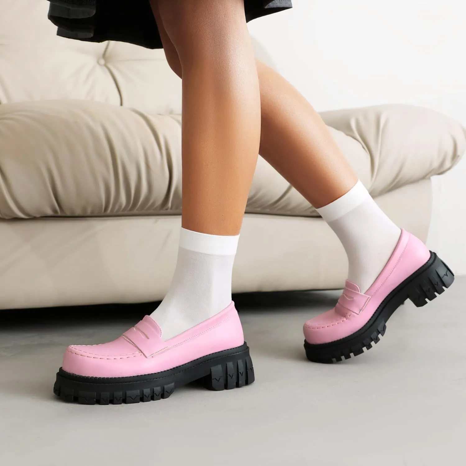 Chunky Platform Loafers for Women Comfort Slip On Lace Up Patent Round Toe Casual Dress Shoes