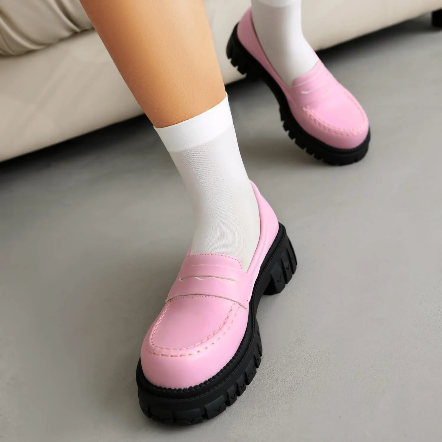 Chunky Platform Loafers for Women Comfort Slip On Lace Up Patent Round Toe Casual Dress Shoes