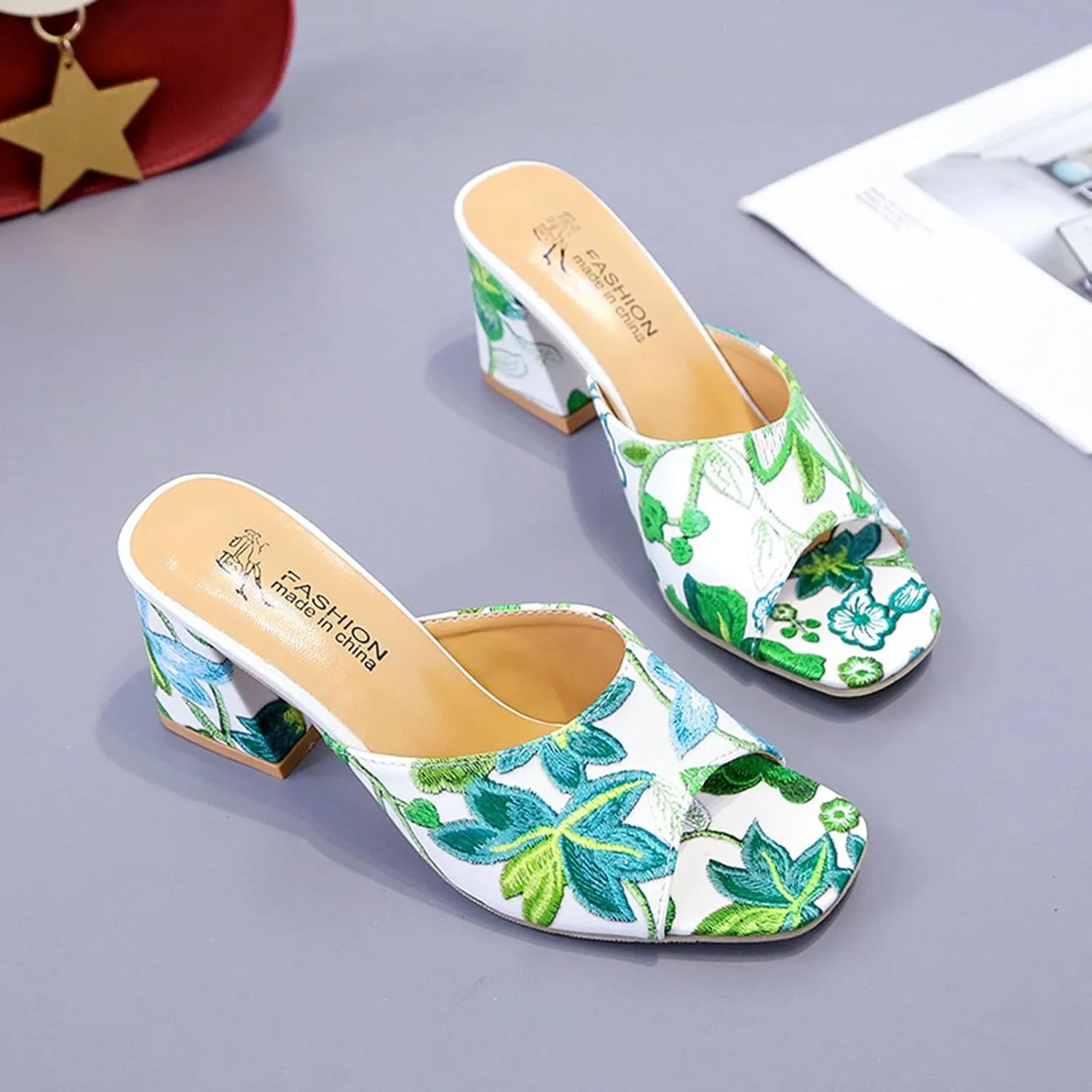 Comfortable Slip On Slide Sandals Women's Summer Fashion Printed Fish Mouth Open Toe High Heels Casual And Comfortable