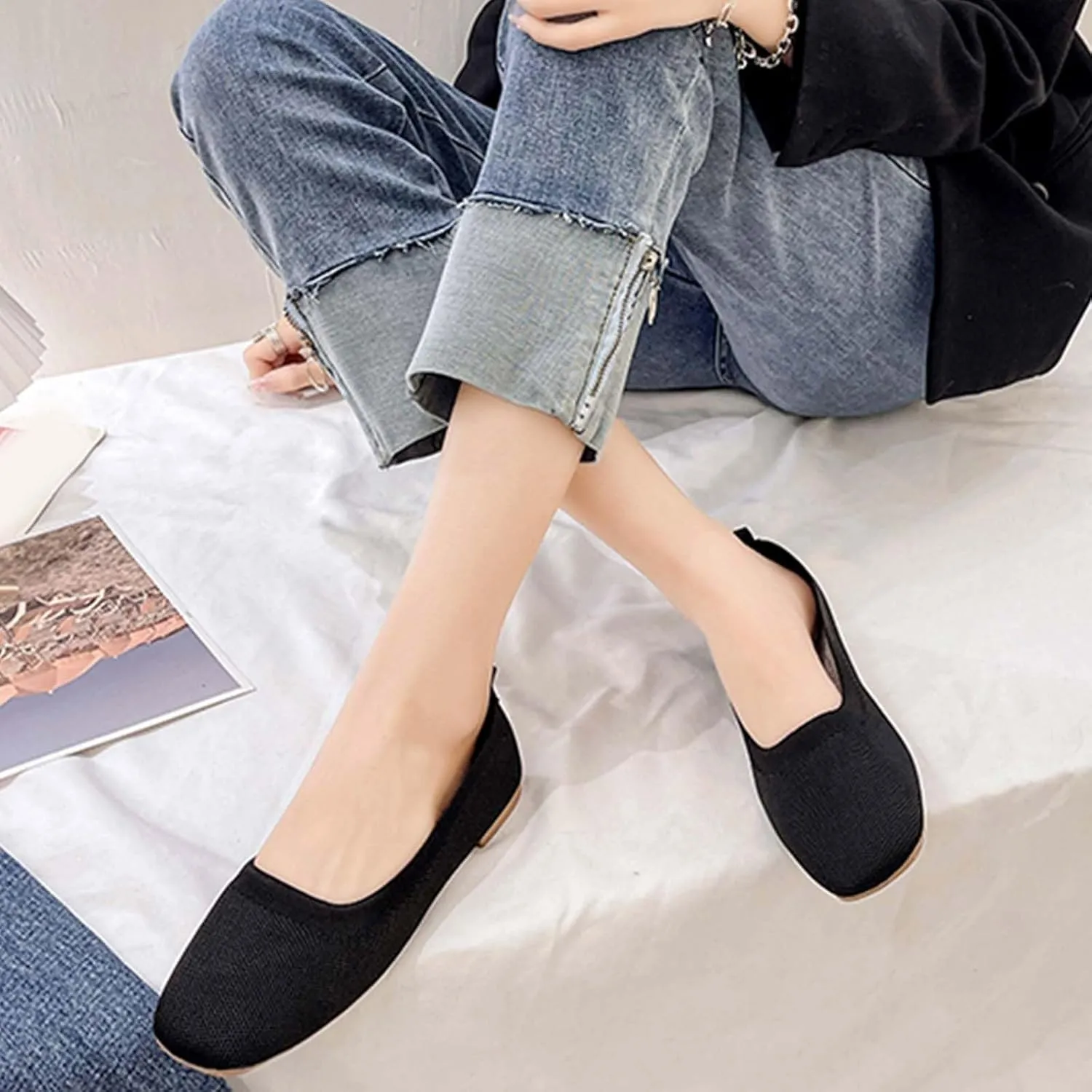Comfortable Womens Dress Shoes Pointed Toe Knit Ballet Comfortable Dressy Slip On Flat Women's Dress Flats Ballet Light Weight