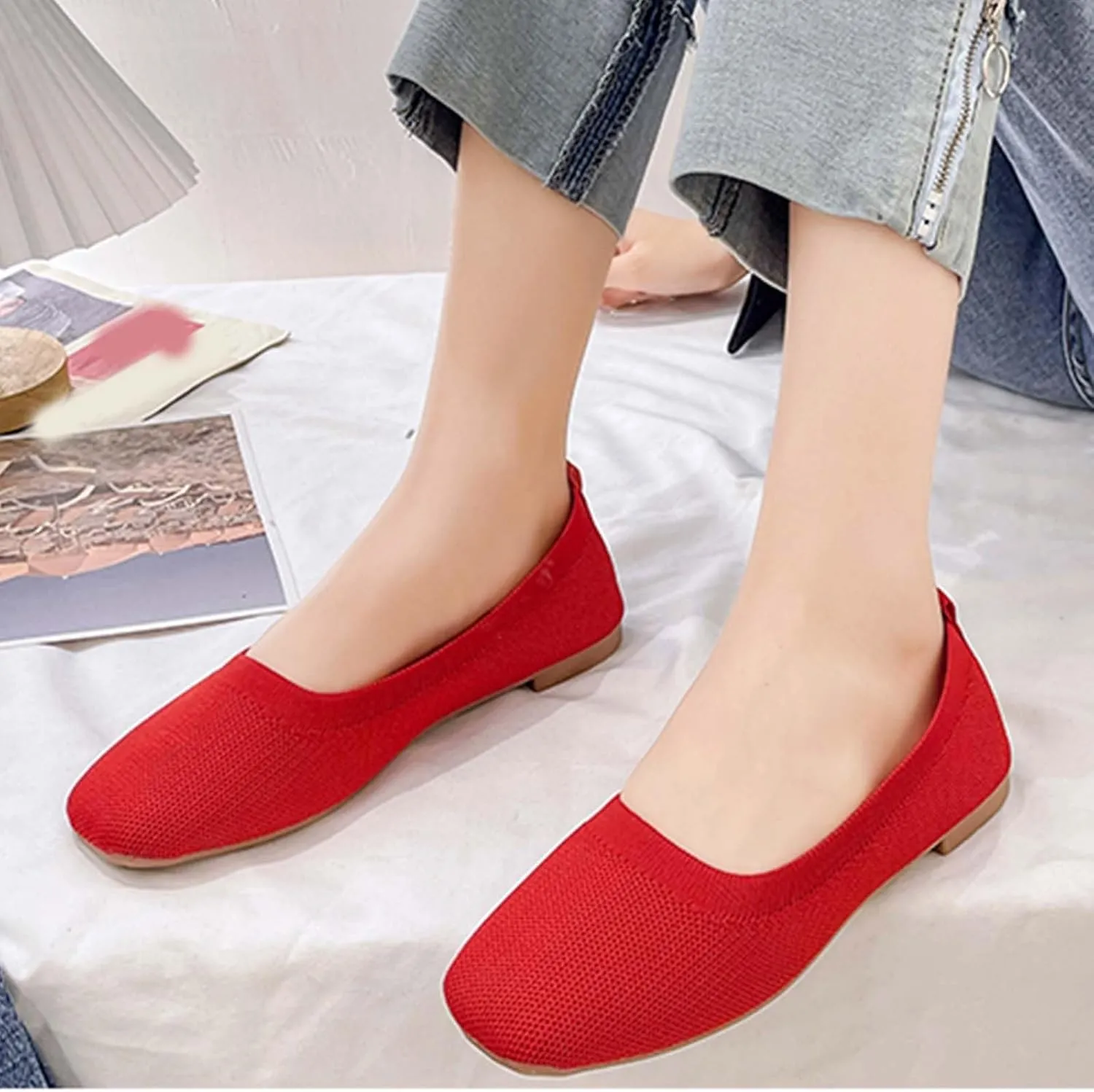 Comfortable Womens Dress Shoes Pointed Toe Knit Ballet Comfortable Dressy Slip On Flat Women's Dress Flats Ballet Light Weight