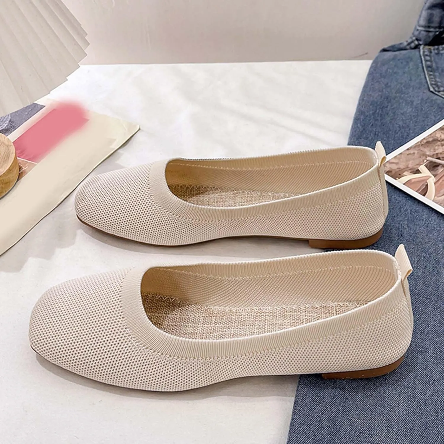Comfortable Womens Dress Shoes Pointed Toe Knit Ballet Comfortable Dressy Slip On Flat Women's Dress Flats Ballet Light Weight