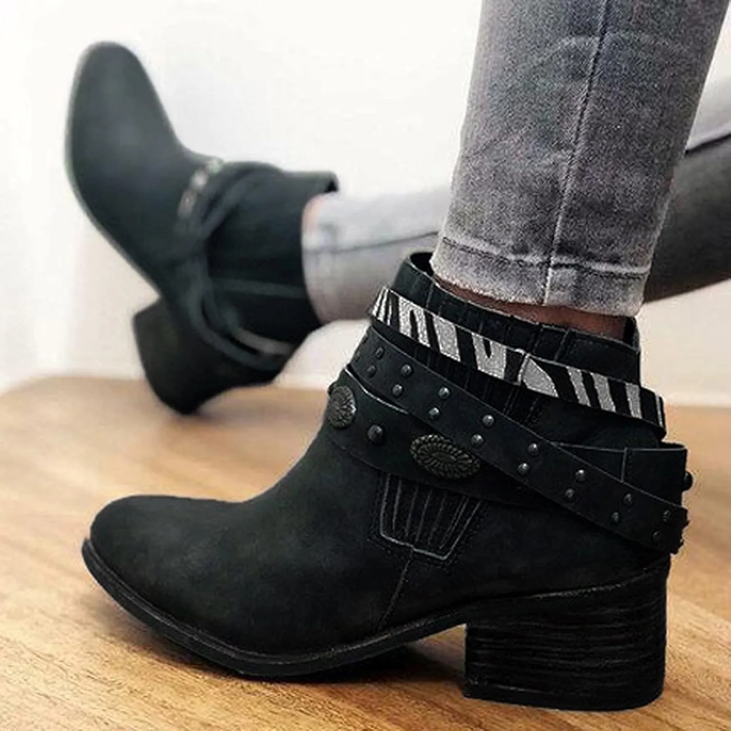 Cowboy Boots for Women Knee High Combat Style Closed Toe Motorcycle Boots Classic Zipper Buckle Low Heel Shoes Retro Shoes 52