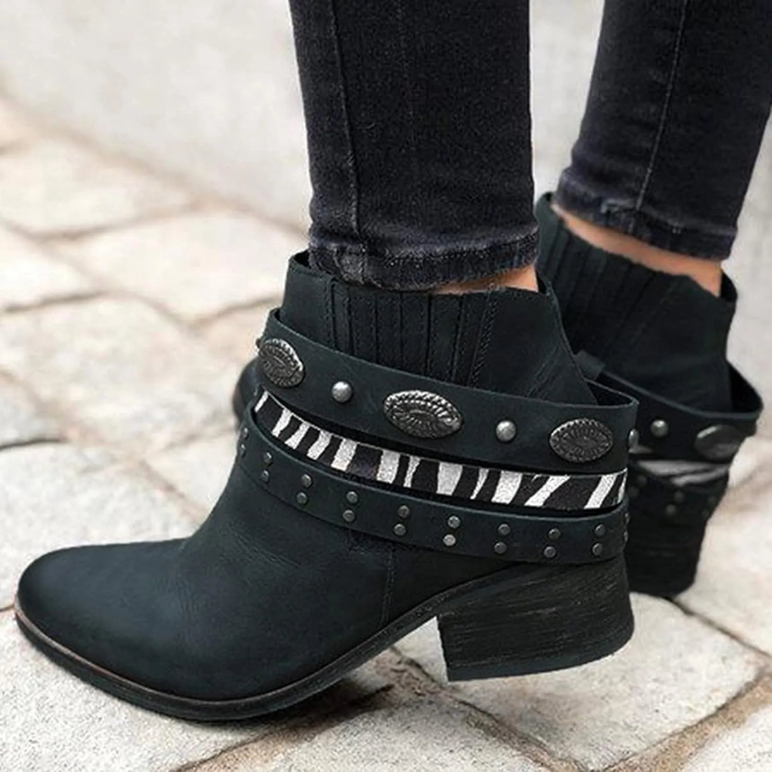 Cowboy Boots for Women Knee High Combat Style Closed Toe Motorcycle Boots Classic Zipper Buckle Low Heel Shoes Retro Shoes 52