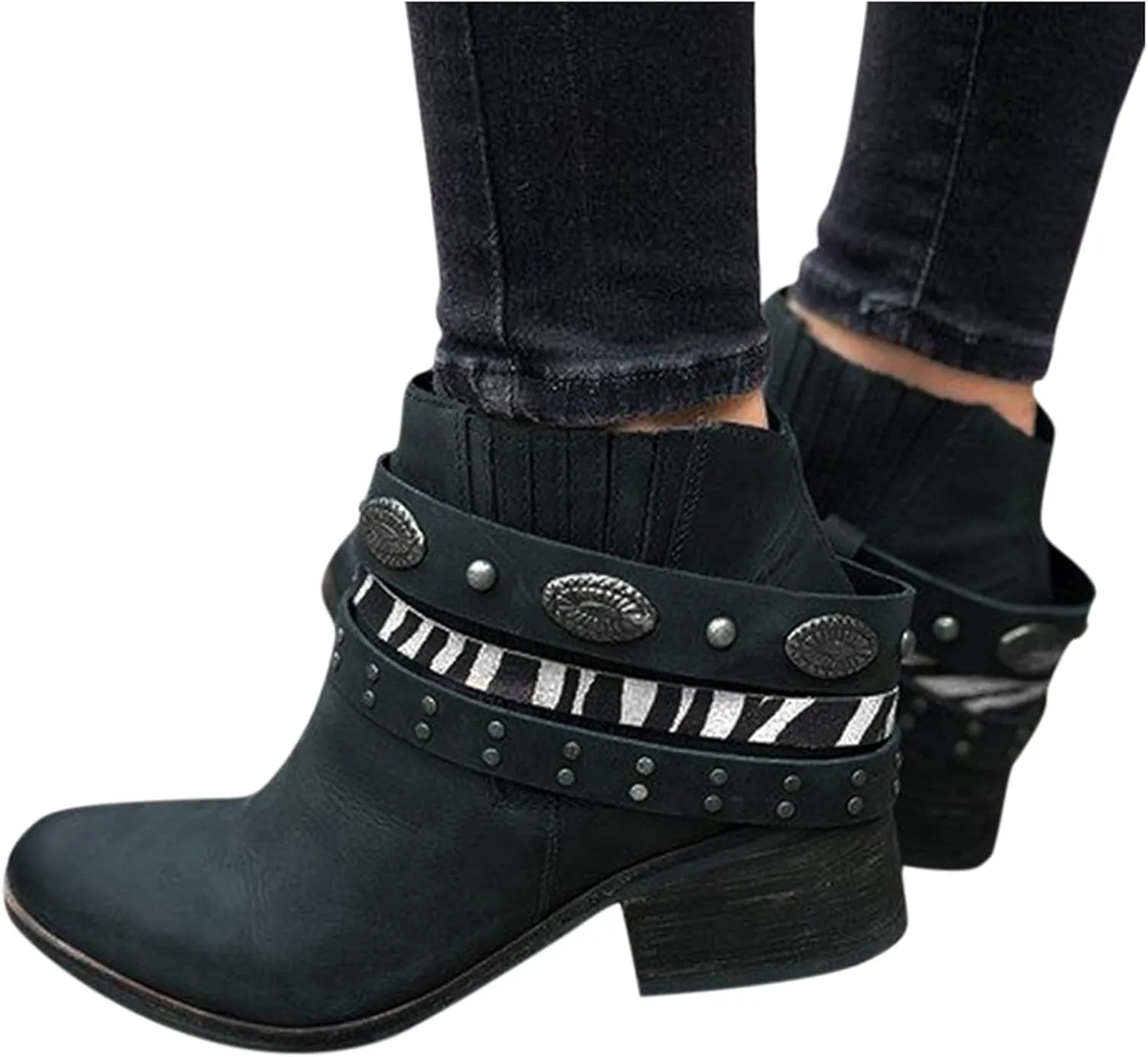 Cowboy Boots for Women Knee High Combat Style Closed Toe Motorcycle Boots Classic Zipper Buckle Low Heel Shoes Retro Shoes 52