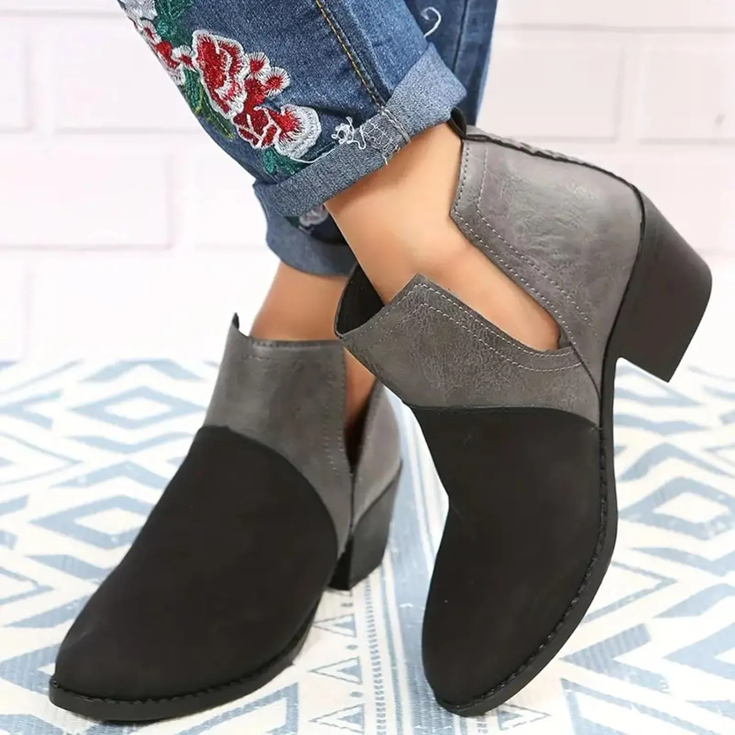 Cowboy Boots for Women Western Round Toe Pull On Square Heel Ankle Boots for Women Fashion Ankle Shaft Boot Bootie