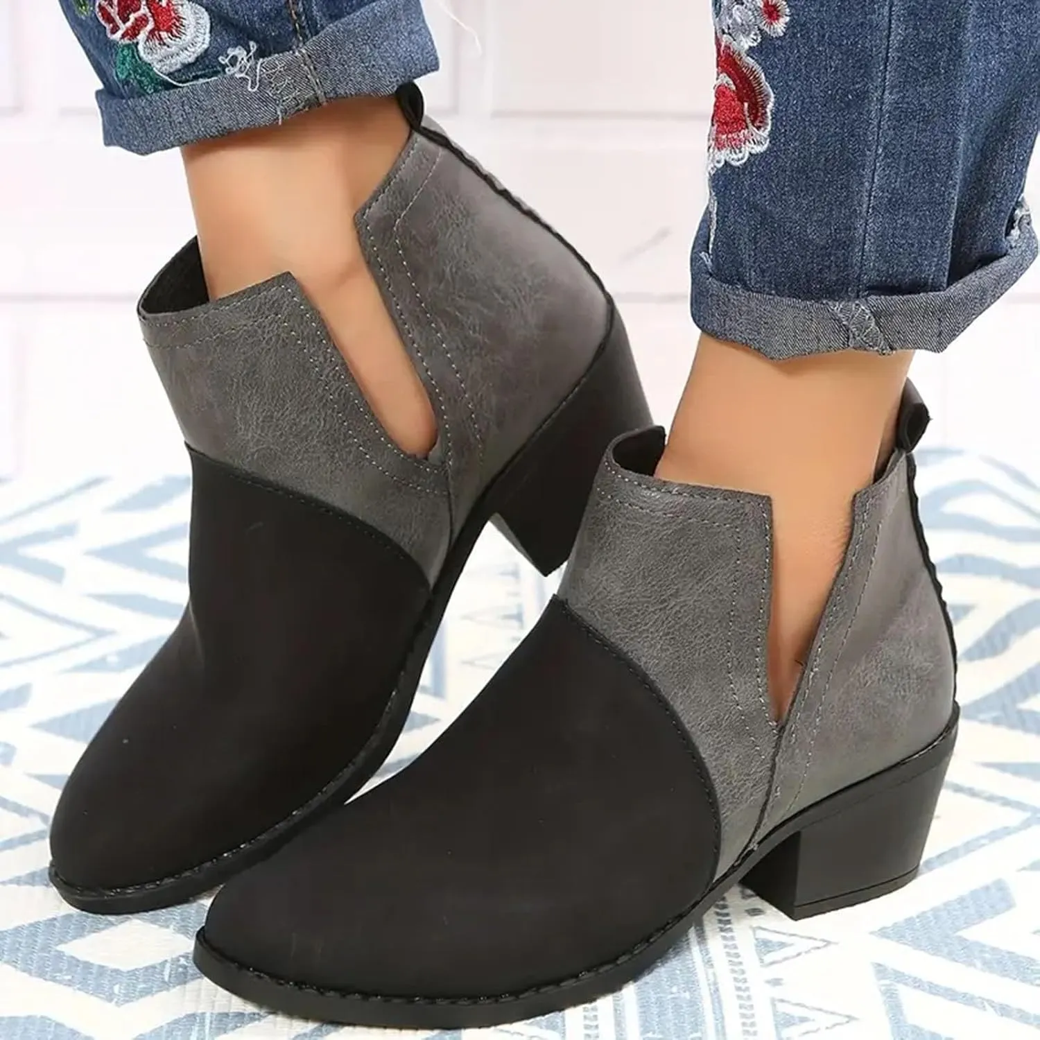Cowboy Boots for Women Western Round Toe Pull On Square Heel Ankle Boots for Women Fashion Ankle Shaft Boot Bootie