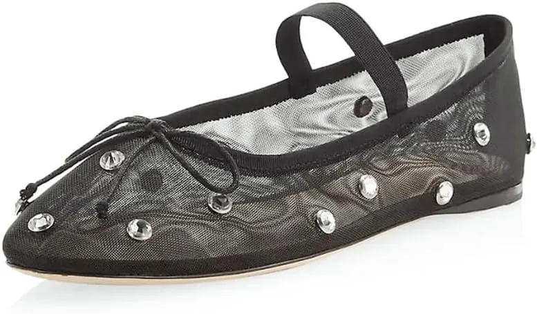 Crystal Ballerina Flats for Woman Rhinestone Mary Jane Flats Bow Ballet Flats Casual Daily Wear Mesh Flats Comfortable Office Flats