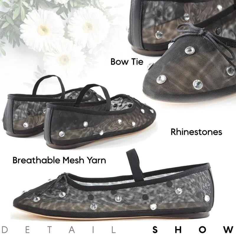 Crystal Ballerina Flats for Woman Rhinestone Mary Jane Flats Bow Ballet Flats Casual Daily Wear Mesh Flats Comfortable Office Flats
