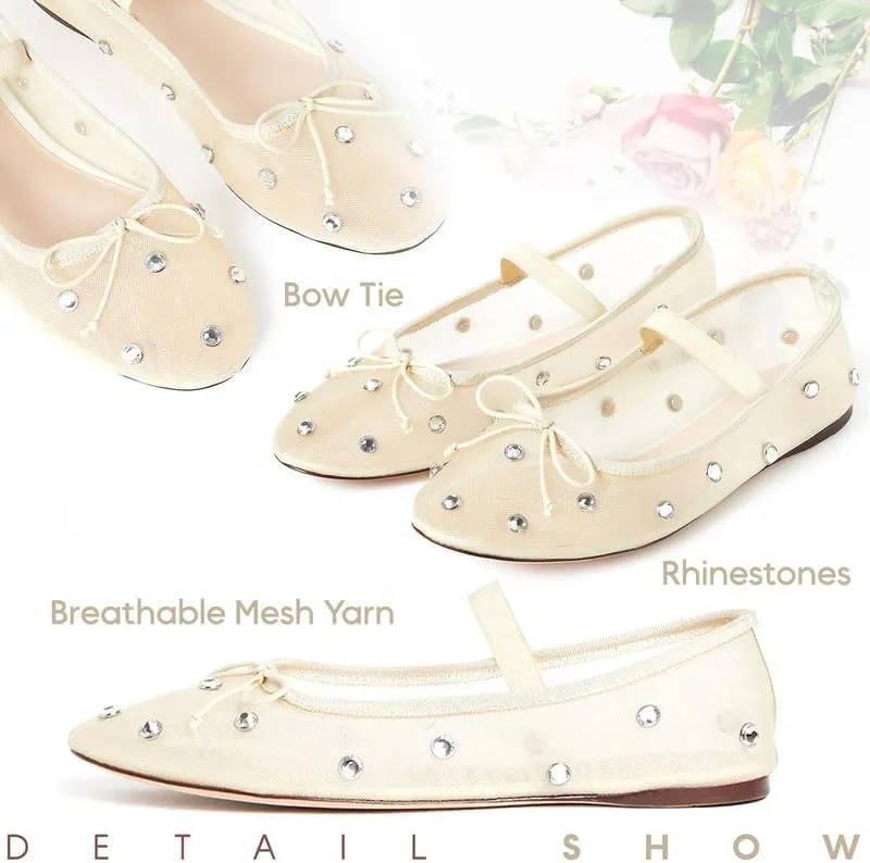 Crystal Ballerina Flats for Woman Rhinestone Mary Jane Flats Bow Ballet Flats Casual Daily Wear Mesh Flats Comfortable Office Flats