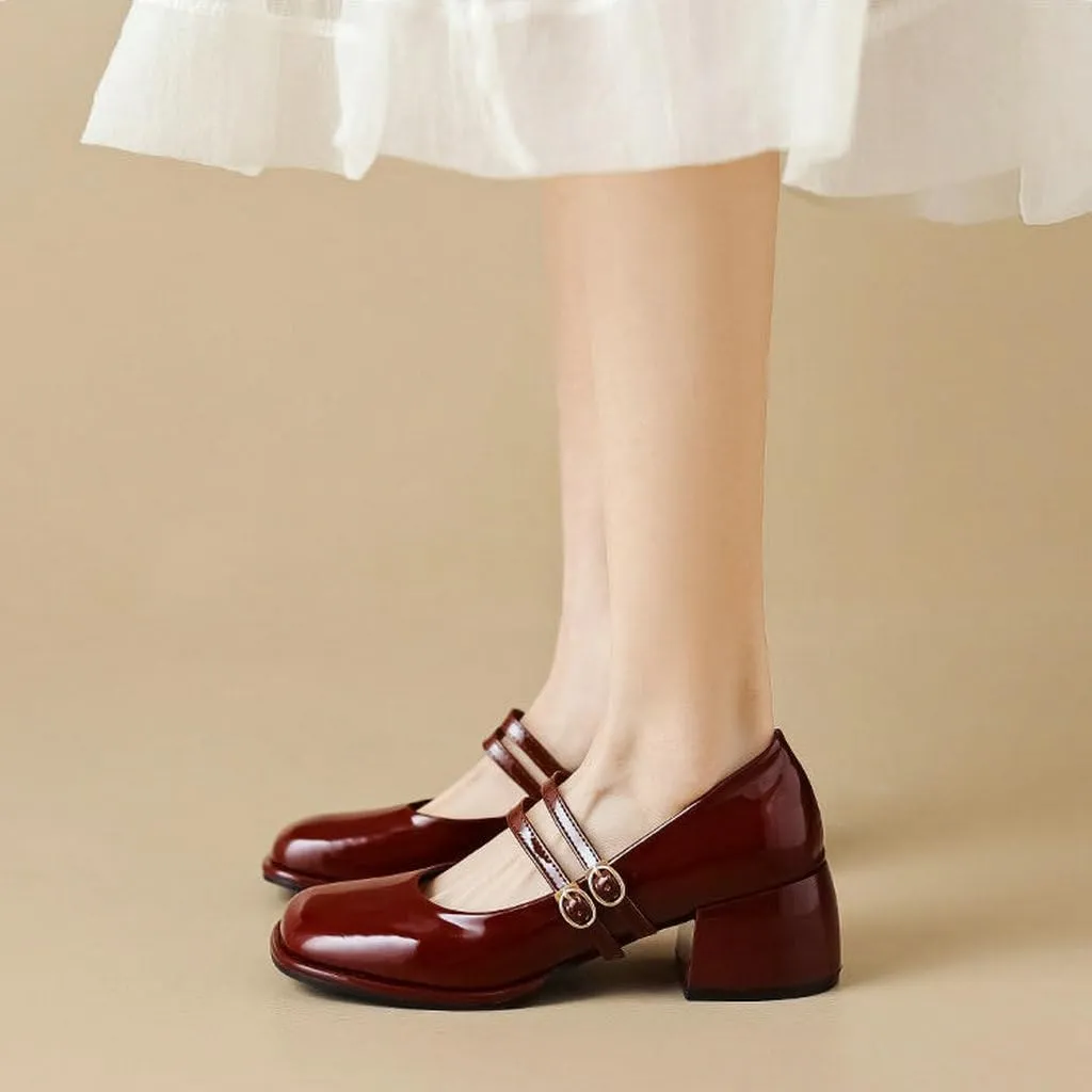 DINTAHA Platform Heeled Mary Janes for Women,Square Toe Pumps for Women Low Heel Patent Leather Mary Janes