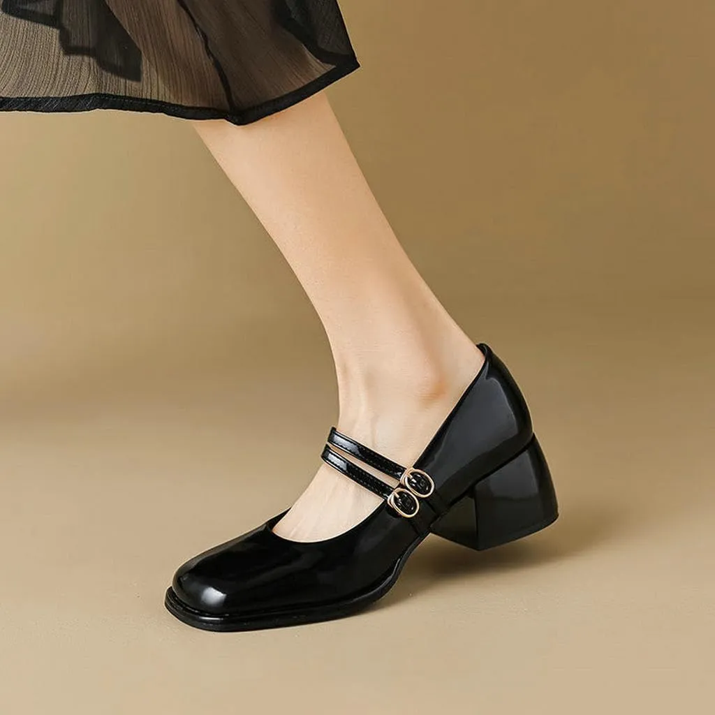 DINTAHA Platform Heeled Mary Janes for Women,Square Toe Pumps for Women Low Heel Patent Leather Mary Janes