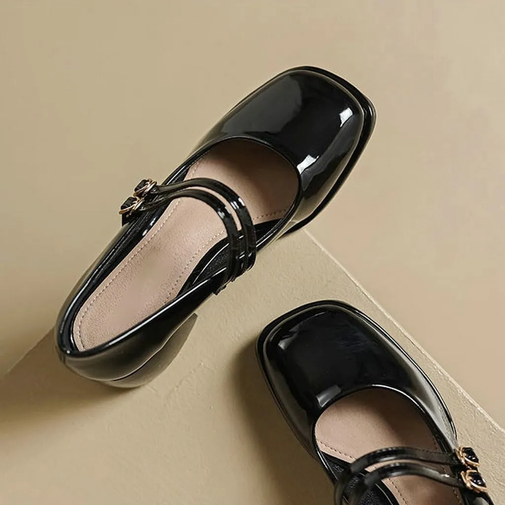 DINTAHA Platform Heeled Mary Janes for Women,Square Toe Pumps for Women Low Heel Patent Leather Mary Janes