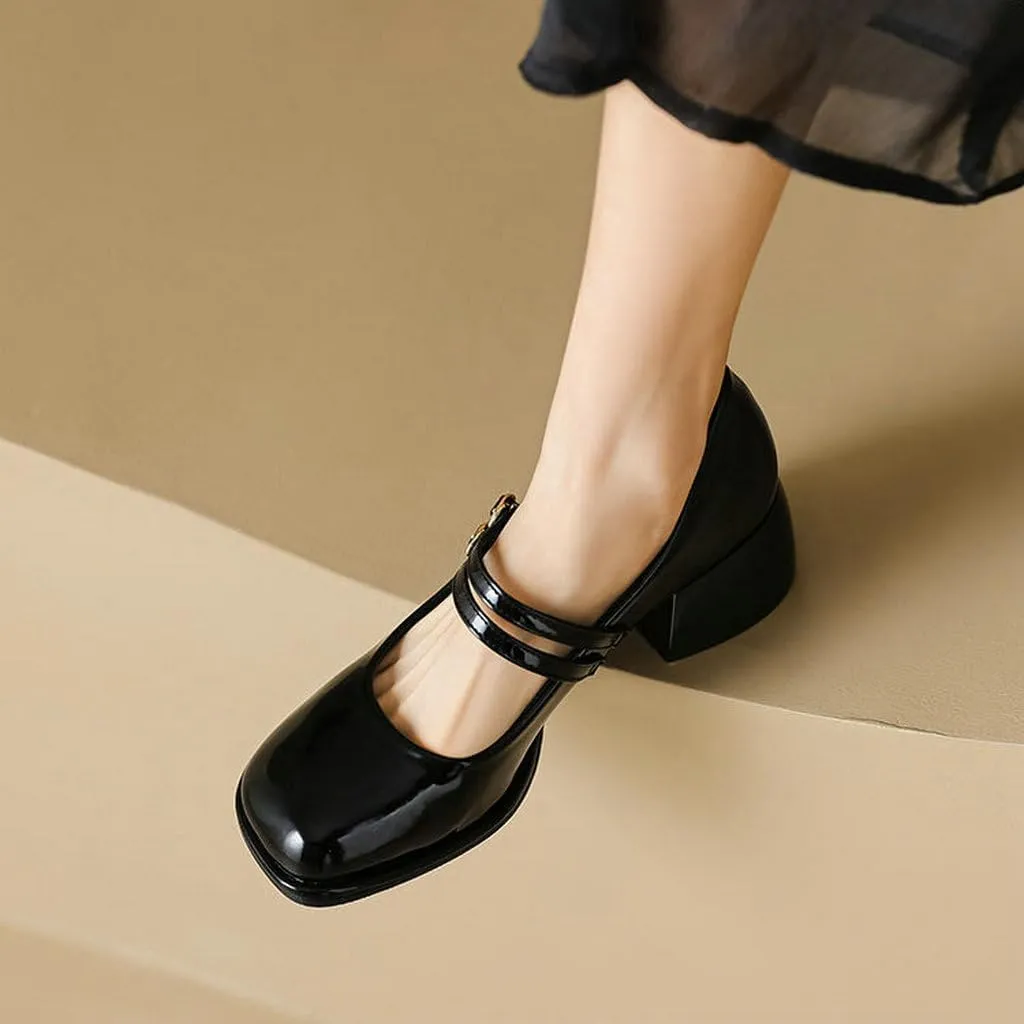 DINTAHA Platform Heeled Mary Janes for Women,Square Toe Pumps for Women Low Heel Patent Leather Mary Janes
