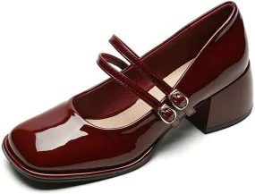 DINTAHA Platform Heeled Mary Janes for Women,Square Toe Pumps for Women Low Heel Patent Leather Mary Janes