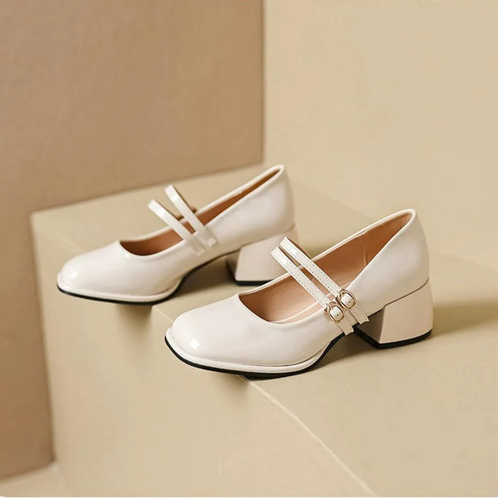 DINTAHA Platform Heeled Mary Janes for Women,Square Toe Pumps for Women Low Heel Patent Leather Mary Janes