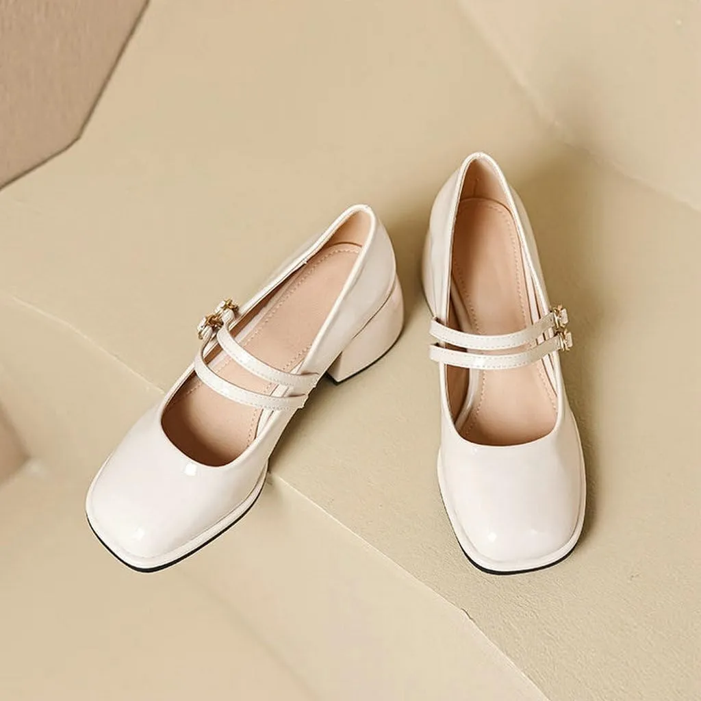 DINTAHA Platform Heeled Mary Janes for Women,Square Toe Pumps for Women Low Heel Patent Leather Mary Janes
