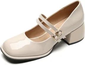 DINTAHA Platform Heeled Mary Janes for Women,Square Toe Pumps for Women Low Heel Patent Leather Mary Janes