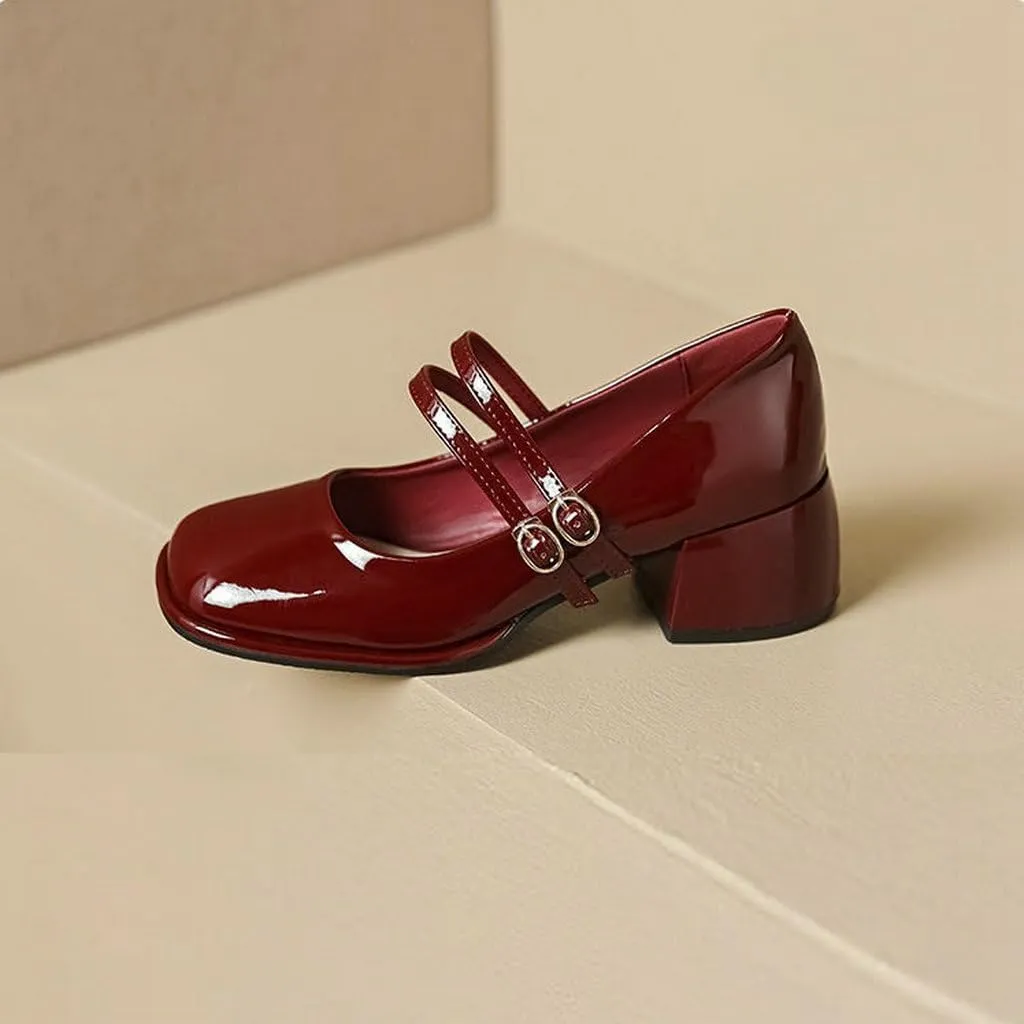 DINTAHA Platform Heeled Mary Janes for Women,Square Toe Pumps for Women Low Heel Patent Leather Mary Janes