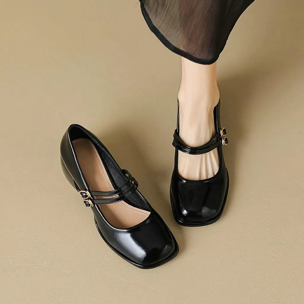DINTAHA Platform Heeled Mary Janes for Women,Square Toe Pumps for Women Low Heel Patent Leather Mary Janes