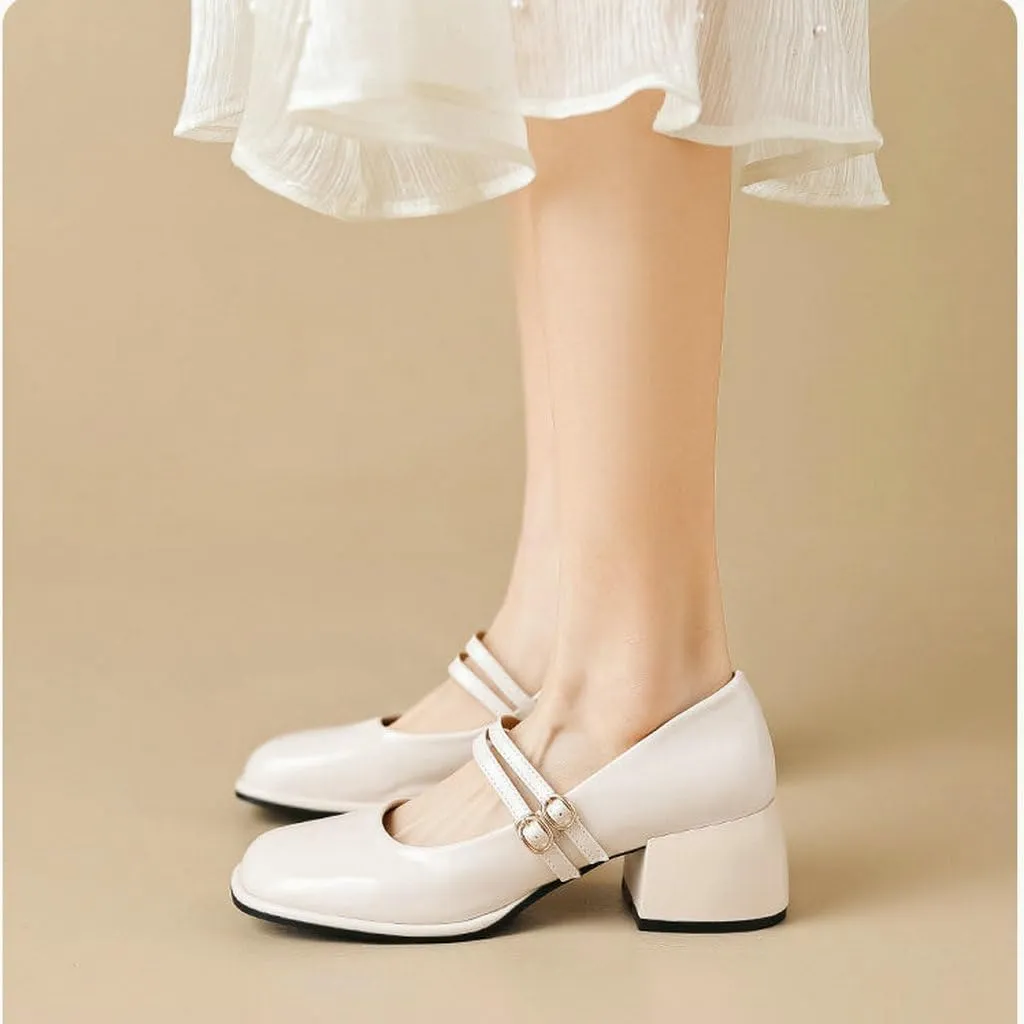 DINTAHA Platform Heeled Mary Janes for Women,Square Toe Pumps for Women Low Heel Patent Leather Mary Janes