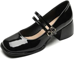 DINTAHA Platform Heeled Mary Janes for Women,Square Toe Pumps for Women Low Heel Patent Leather Mary Janes