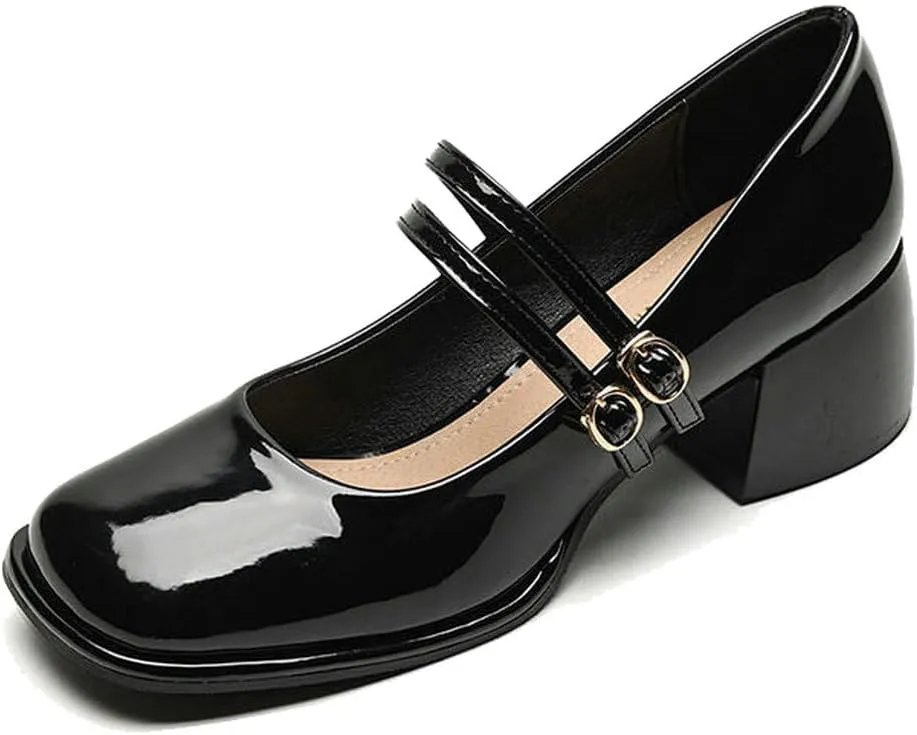 DINTAHA Platform Heeled Mary Janes for Women,Square Toe Pumps for Women Low Heel Patent Leather Mary Janes