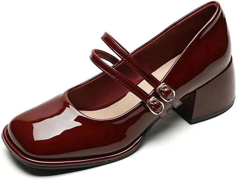DINTAHA Platform Heeled Mary Janes for Women,Square Toe Pumps for Women Low Heel Patent Leather Mary Janes