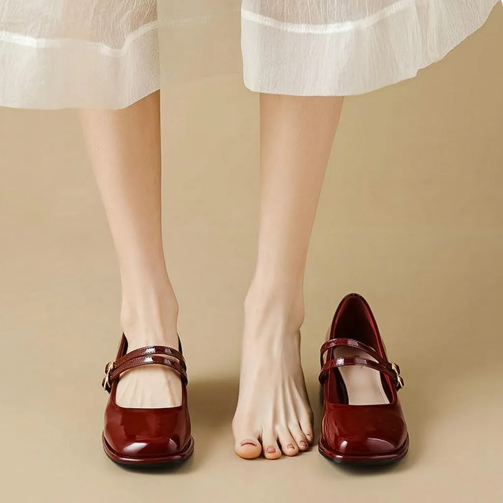 DINTAHA Platform Heeled Mary Janes for Women,Square Toe Pumps for Women Low Heel Patent Leather Mary Janes