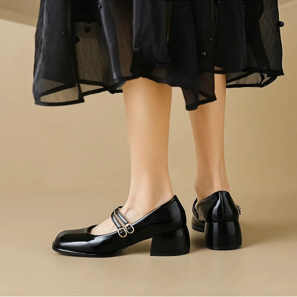 DINTAHA Platform Heeled Mary Janes for Women,Square Toe Pumps for Women Low Heel Patent Leather Mary Janes