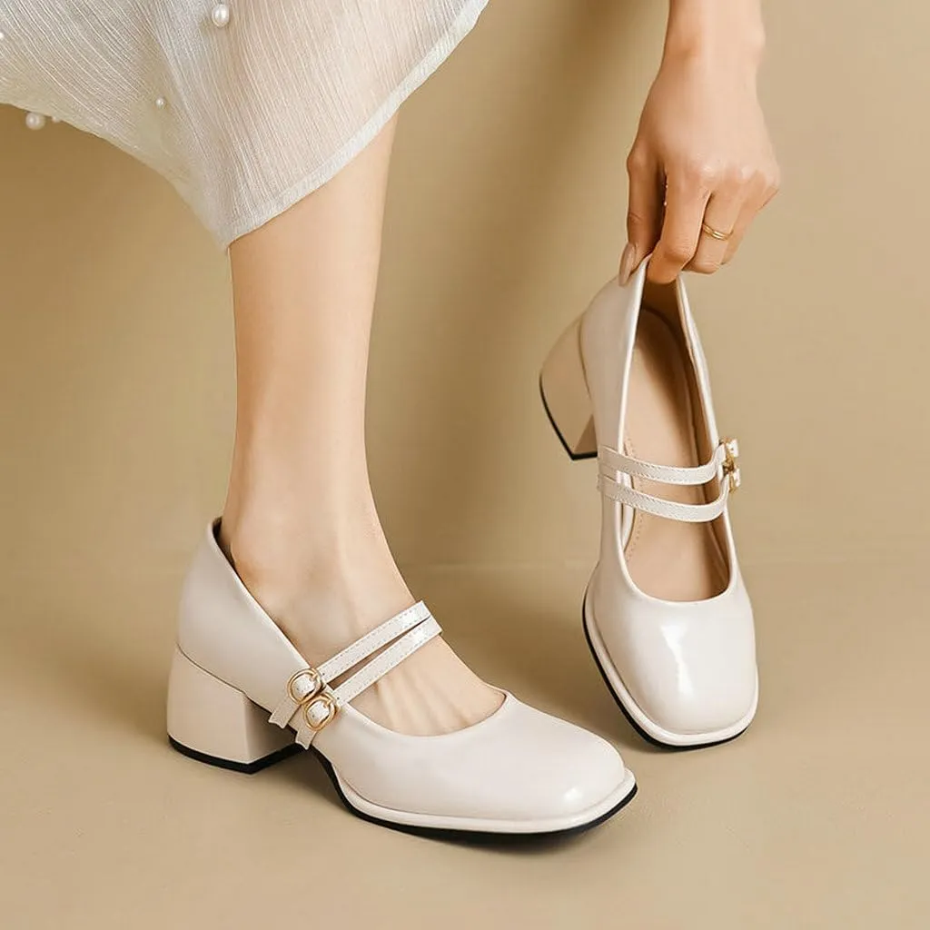 DINTAHA Platform Heeled Mary Janes for Women,Square Toe Pumps for Women Low Heel Patent Leather Mary Janes